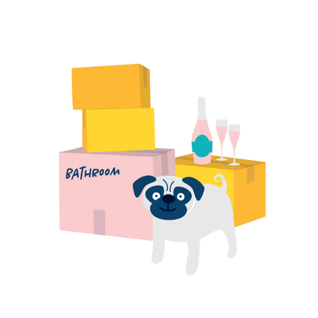 An illustration of the Conveyancing Hunter Valley - Oliver & Co. Conveyancing pug dog with boxes piled up behind her and wine bottle and two glasses on top of one of the boxes