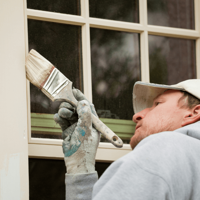 A painter who is painting the exterior of a cream coloured house because buying older homes sometimes mean that they need unexpected updates or repairs