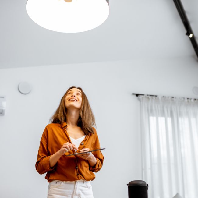Lady in an orange shirt with a tablet in her living room controlling her smart lights after installing them for her open home